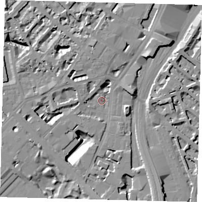 Shaded relief map of the ground around SW1W8QA, computed from Environment Agency LiDAR. The ground here sits at about 4 m above sea level and falls 15 m across the surrounding 800 m. Surface water reaching this point runs off ground lying to the north-west, 4.0 m higher.