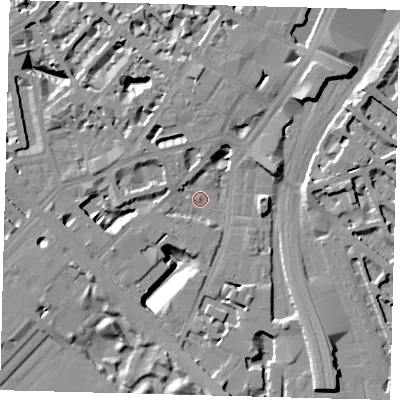 Shaded relief map of the ground around SW1W8QB, computed from Environment Agency LiDAR. The ground here sits at about 4 m above sea level and falls 16 m across the surrounding 800 m. Surface water reaching this point runs off ground lying to the north-north-west, 4.0 m higher.