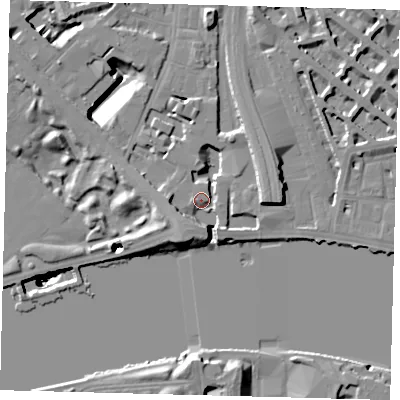 Shaded relief map of the ground around SW1W8QD, computed from Environment Agency LiDAR. The ground here sits at about 6 m above sea level and falls 51 m across the surrounding 800 m. Surface water reaching this point runs off ground lying to the south-south-west, 11.4 m higher.