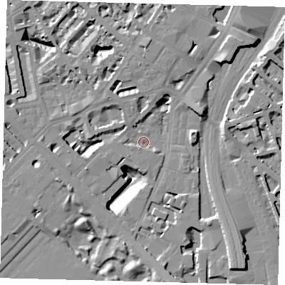 Shaded relief map of the ground around SW1W8QE, computed from Environment Agency LiDAR. The ground here sits at about 4 m above sea level and falls 16 m across the surrounding 800 m. Surface water reaching this point runs off ground lying to the north-west, 2.5 m higher.
