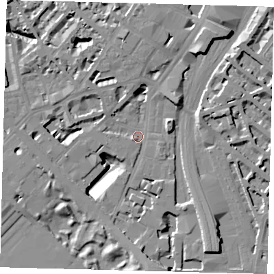 Shaded relief map of the ground around SW1W8QF, computed from Environment Agency LiDAR. The ground here sits at about 4 m above sea level and falls 16 m across the surrounding 800 m. Surface water reaching this point runs off ground lying to the south, 13.5 m higher.