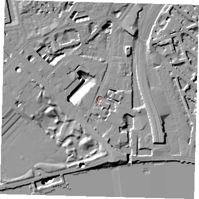 Shaded relief map of the ground around SW1W8QH, computed from Environment Agency LiDAR. The ground here sits at about 4 m above sea level and falls 51 m across the surrounding 800 m. Surface water reaching this point runs off ground lying to the south, 4.8 m higher.