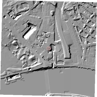 Shaded relief map of the ground around SW1W8QN, computed from Environment Agency LiDAR. The ground here sits at about 6 m above sea level and falls 51 m across the surrounding 800 m. Surface water reaching this point runs off ground lying to the east-north-east, 5.2 m higher.