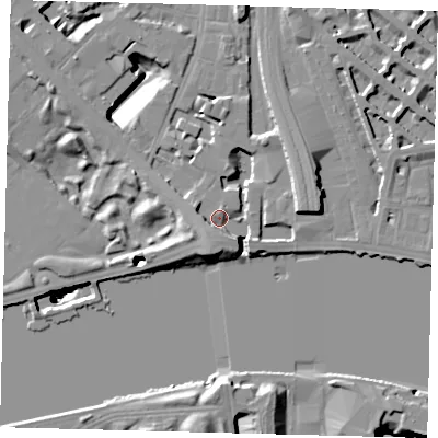 Shaded relief map of the ground around SW1W8QR, computed from Environment Agency LiDAR. The ground here sits at about 5 m above sea level and falls 52 m across the surrounding 800 m. Surface water reaching this point runs off ground lying to the south-south-west, 11.4 m higher.