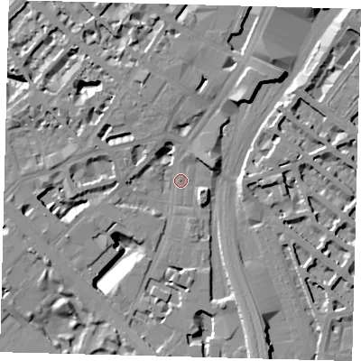 Shaded relief map of the ground around SW1W8QX, computed from Environment Agency LiDAR. The ground here sits at about 4 m above sea level and falls 15 m across the surrounding 800 m. Surface water reaching this point runs off ground lying to the south-east, 13.1 m higher.