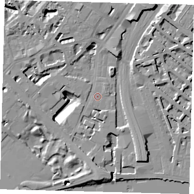 Shaded relief map of the ground around SW1W8QZ, computed from Environment Agency LiDAR. The ground here sits at about 4 m above sea level and falls 19 m across the surrounding 800 m. Surface water reaching this point runs off ground lying to the north-east, 0.6 m higher.
