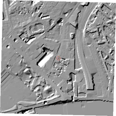 Shaded relief map of the ground around SW1W8RA, computed from Environment Agency LiDAR. The ground here sits at about 4 m above sea level and falls 51 m across the surrounding 800 m. Surface water reaching this point runs off ground lying to the south, 7.8 m higher.