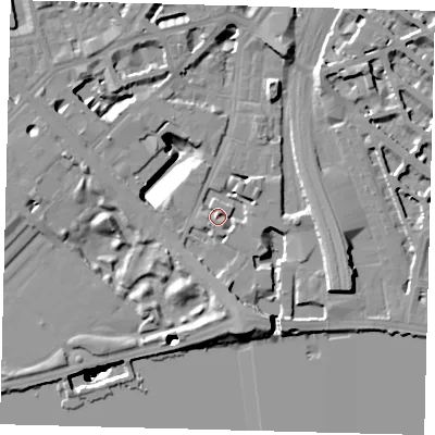 Shaded relief map of the ground around SW1W8RB, computed from Environment Agency LiDAR. The ground here sits at about 5 m above sea level and falls 51 m across the surrounding 800 m. Surface water reaching this point runs off ground lying to the east-south-east, 2.6 m higher.
