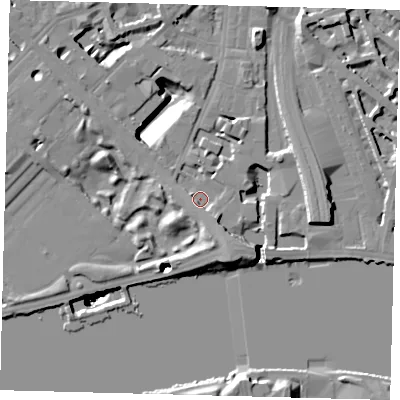 Shaded relief map of the ground around SW1W8RG, computed from Environment Agency LiDAR. The ground here sits at about 5 m above sea level and falls 51 m across the surrounding 800 m. Surface water reaching this point runs off ground lying to the south-east, 4.5 m higher.