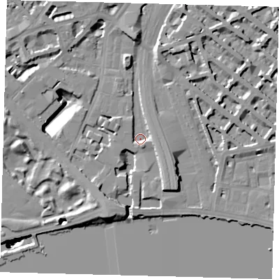 Shaded relief map of the ground around SW1W8RP, computed from Environment Agency LiDAR. The ground here sits at about 3 m above sea level and falls 51 m across the surrounding 800 m. Surface water reaching this point runs off ground lying to the south-east, 5.4 m higher.