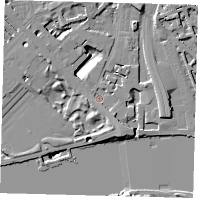 Shaded relief map of the ground around SW1W8RQ, computed from Environment Agency LiDAR. The ground here sits at about 4 m above sea level and falls 51 m across the surrounding 800 m. Surface water reaching this point runs off ground lying to the south-east, 4.6 m higher.