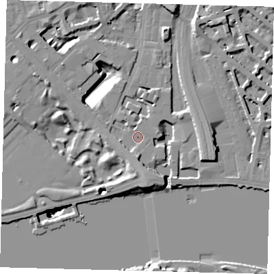 Shaded relief map of the ground around SW1W8RX, computed from Environment Agency LiDAR. The ground here sits at about 5 m above sea level and falls 51 m across the surrounding 800 m. Surface water reaching this point runs off ground lying to the south, 4.5 m higher.