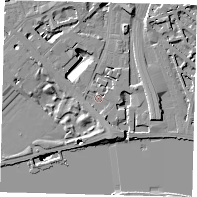Shaded relief map of the ground around SW1W8RY, computed from Environment Agency LiDAR. The ground here sits at about 5 m above sea level and falls 51 m across the surrounding 800 m. Surface water reaching this point runs off ground lying to the south-south-east, 4.6 m higher.