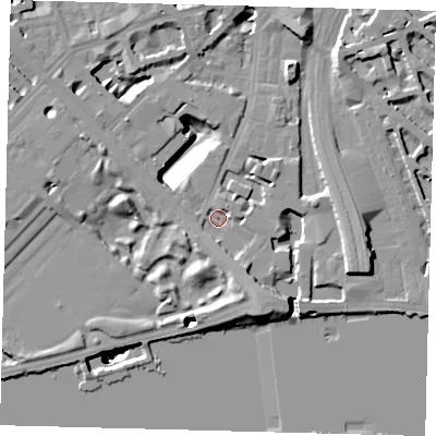 Shaded relief map of the ground around SW1W8RZ, computed from Environment Agency LiDAR. The ground here sits at about 4 m above sea level and falls 51 m across the surrounding 800 m. Surface water reaching this point runs off ground lying to the south-south-east, 4.8 m higher.