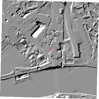 Shaded relief map of the ground around SW1W8SA, computed from Environment Agency LiDAR. The ground here sits at about 5 m above sea level and falls 51 m across the surrounding 800 m. Surface water reaching this point runs off ground lying to the south-south-east, 4.5 m higher.
