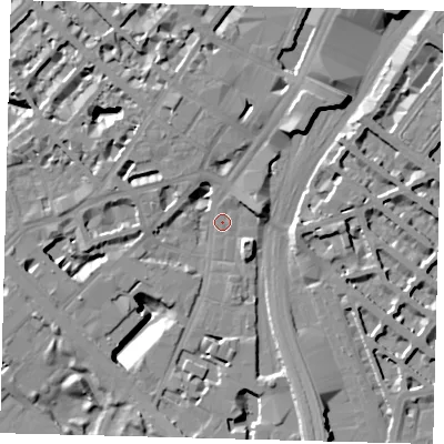 Shaded relief map of the ground around SW1W8SH, computed from Environment Agency LiDAR. The ground here sits at about 4 m above sea level and falls 15 m across the surrounding 800 m. Surface water reaching this point runs off ground lying to the west-north-west, 6.6 m higher.