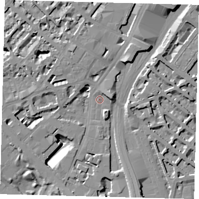 Shaded relief map of the ground around SW1W8SJ, computed from Environment Agency LiDAR. The ground here sits at about 4 m above sea level and falls 15 m across the surrounding 800 m. Surface water reaching this point runs off ground lying to the east, 7.5 m higher.