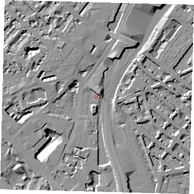 Shaded relief map of the ground around SW1W8SL, computed from Environment Agency LiDAR. The ground here sits at about 4 m above sea level and falls 15 m across the surrounding 800 m. Surface water reaching this point runs off ground lying to the south-south-east, 15.0 m higher.