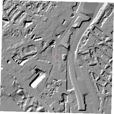 Shaded relief map of the ground around SW1W8SR, computed from Environment Agency LiDAR. The ground here sits at about 4 m above sea level and falls 16 m across the surrounding 800 m. Surface water reaching this point runs off ground lying to the east-north-east, 13.9 m higher.