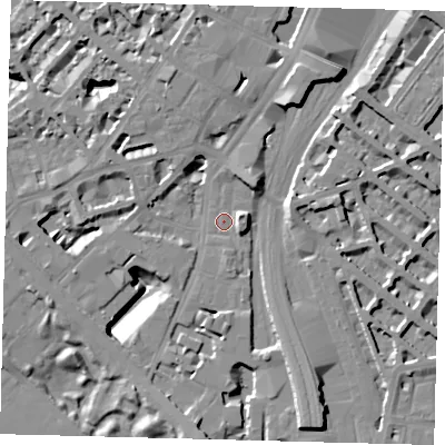 Shaded relief map of the ground around SW1W8SS, computed from Environment Agency LiDAR. The ground here sits at about 4 m above sea level and falls 16 m across the surrounding 800 m. Surface water reaching this point runs off ground lying to the east-north-east, 13.9 m higher.