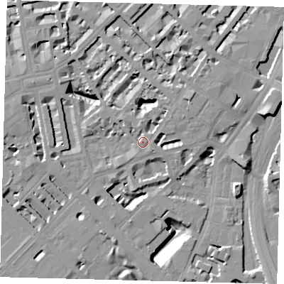 Shaded relief map of the ground around SW1W8UN, computed from Environment Agency LiDAR. The ground here sits at about 7 m above sea level and falls 14 m across the surrounding 800 m. Surface water reaching this point runs off ground lying to the north, 3.0 m higher.