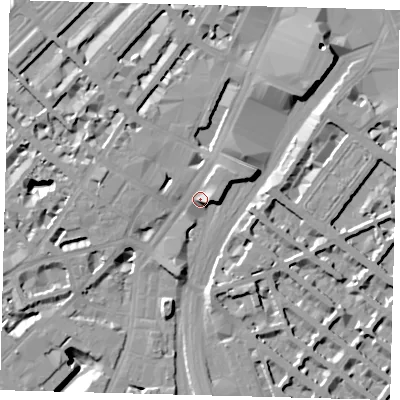 Shaded relief map of the ground around SW1W9SP, computed from Environment Agency LiDAR. The ground here sits at about 7 m above sea level and falls 15 m across the surrounding 800 m. Surface water reaching this point runs off ground lying to the north-east, 7.3 m higher.