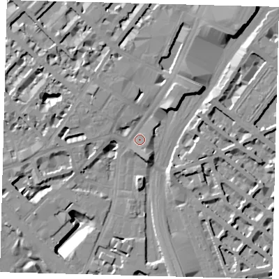 Shaded relief map of the ground around SW1W9TB, computed from Environment Agency LiDAR. The ground here sits at about 5 m above sea level and falls 15 m across the surrounding 800 m. Surface water reaching this point runs off ground lying to the south-south-east, 3.8 m higher.