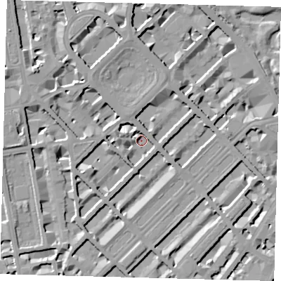 Shaded relief map of the ground around SW1X8BU, computed from Environment Agency LiDAR. The ground here sits at about 6 m above sea level and falls 9 m across the surrounding 800 m. Surface water reaching this point runs off ground lying to the west-north-west, 5.4 m higher.