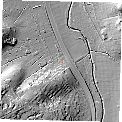 Shaded relief map of the ground around SW200AA, computed from Environment Agency LiDAR. The ground here sits at about 15 m above sea level and falls 36 m across the surrounding 800 m. Surface water reaching this point runs off ground lying to the south-west, 30.4 m higher.