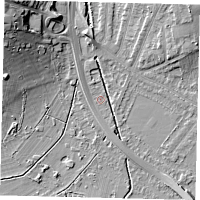 Shaded relief map of the ground around SW200AG, computed from Environment Agency LiDAR. The ground here sits at about 12 m above sea level and falls 19 m across the surrounding 800 m. Surface water reaching this point runs off ground lying to the south-south-east, 4.1 m higher.