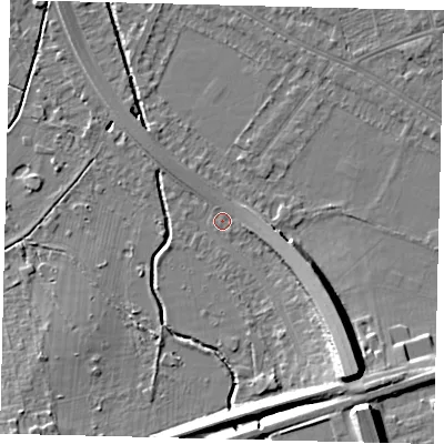 Shaded relief map of the ground around SW200AH, computed from Environment Agency LiDAR. The ground here sits at about 13 m above sea level and falls 16 m across the surrounding 800 m. Surface water reaching this point runs off ground lying to the south-east, 8.4 m higher.