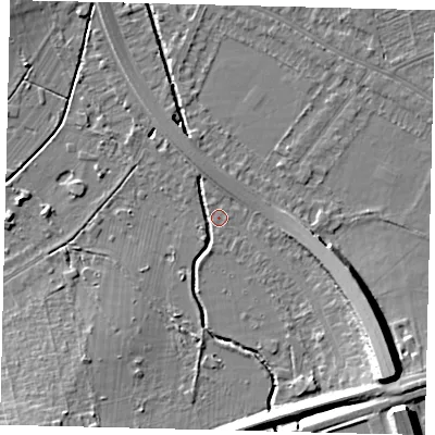 Shaded relief map of the ground around SW200AJ, computed from Environment Agency LiDAR. The ground here sits at about 13 m above sea level and falls 16 m across the surrounding 800 m. Surface water reaching this point runs off ground lying to the south-east, 13.9 m higher.