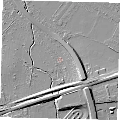 Shaded relief map of the ground around SW200AL, computed from Environment Agency LiDAR. The ground here sits at about 13 m above sea level and falls 16 m across the surrounding 800 m. Surface water reaching this point runs off ground lying to the south-east, 12.2 m higher.