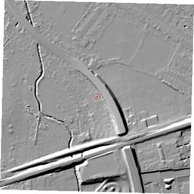 Shaded relief map of the ground around SW200AN, computed from Environment Agency LiDAR. The ground here sits at about 14 m above sea level and falls 16 m across the surrounding 800 m. Surface water reaching this point runs off ground lying to the east-south-east, 7.6 m higher.