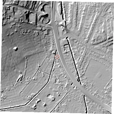 Shaded relief map of the ground around SW200AW, computed from Environment Agency LiDAR. The ground here sits at about 12 m above sea level and falls 24 m across the surrounding 800 m. Surface water reaching this point runs off ground lying to the north-west, 17.9 m higher.