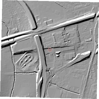 Shaded relief map of the ground around SW200JH, computed from Environment Agency LiDAR. The ground here sits at about 16 m above sea level and falls 15 m across the surrounding 800 m. Surface water reaching this point runs off ground lying to the east-north-east, 1.2 m higher.