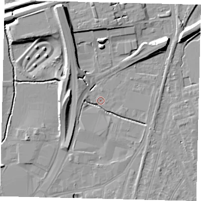 Shaded relief map of the ground around SW200JL, computed from Environment Agency LiDAR. The ground here sits at about 14 m above sea level and falls 15 m across the surrounding 800 m. Surface water reaching this point runs off ground lying to the south-east, 3.4 m higher.
