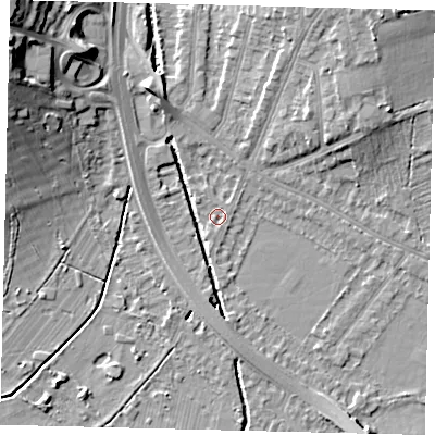 Shaded relief map of the ground around SW200RQ, computed from Environment Agency LiDAR. The ground here sits at about 12 m above sea level and falls 17 m across the surrounding 800 m. Surface water reaching this point runs off ground lying to the north-north-east, 8.0 m higher.