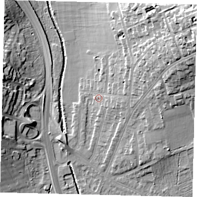 Shaded relief map of the ground around SW200SR, computed from Environment Agency LiDAR. The ground here sits at about 14 m above sea level and falls 25 m across the surrounding 800 m. Surface water reaching this point runs off ground lying to the north-east, 13.1 m higher.