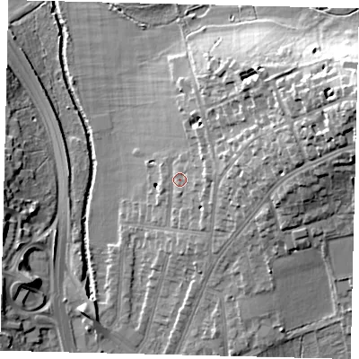 Shaded relief map of the ground around SW200SS, computed from Environment Agency LiDAR. The ground here sits at about 16 m above sea level and falls 28 m across the surrounding 800 m. Surface water reaching this point runs off ground lying to the east-north-east, 16.0 m higher.