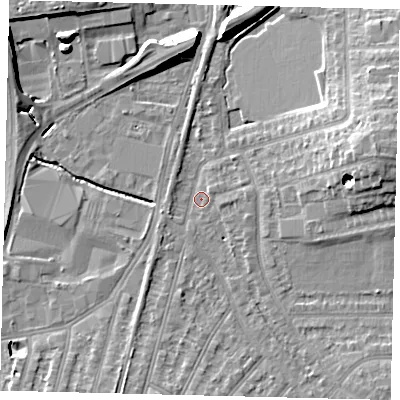 Shaded relief map of the ground around SW209AZ, computed from Environment Agency LiDAR. The ground here sits at about 14 m above sea level and falls 12 m across the surrounding 800 m. Surface water reaching this point runs off ground lying to the east-north-east, 9.6 m higher.