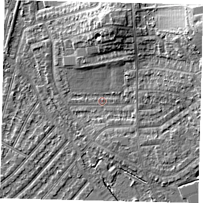 Shaded relief map of the ground around SW209BQ, computed from Environment Agency LiDAR. The ground here sits at about 16 m above sea level and falls 11 m across the surrounding 800 m. Surface water reaching this point runs off ground lying to the north-east, 9.1 m higher.