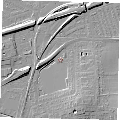 Shaded relief map of the ground around SW209DS, computed from Environment Agency LiDAR. The ground here sits at about 15 m above sea level and falls 11 m across the surrounding 800 m. Surface water reaching this point runs off ground lying to the west-south-west, 8.4 m higher.