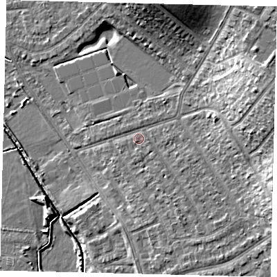 Shaded relief map of the ground around SW209HH, computed from Environment Agency LiDAR. The ground here sits at about 19 m above sea level and falls 16 m across the surrounding 800 m. Surface water reaching this point runs off ground lying to the east-north-east, 12.3 m higher.