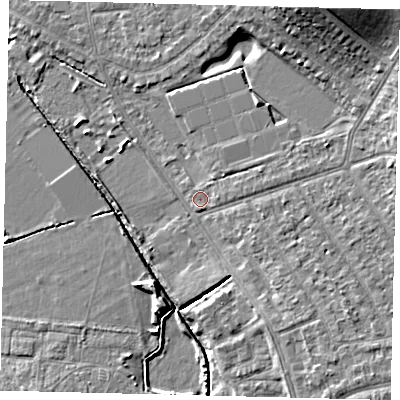 Shaded relief map of the ground around SW209HJ, computed from Environment Agency LiDAR. The ground here sits at about 17 m above sea level and falls 14 m across the surrounding 800 m. Surface water reaching this point runs off ground lying to the east-north-east, 1.2 m higher.