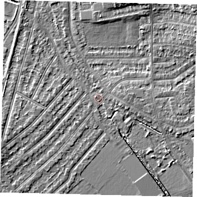 Shaded relief map of the ground around SW209HZ, computed from Environment Agency LiDAR. The ground here sits at about 16 m above sea level and falls 10 m across the surrounding 800 m. Surface water reaching this point runs off ground lying to the east, 2.4 m higher.