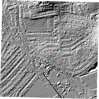 Shaded relief map of the ground around SW209JA, computed from Environment Agency LiDAR. The ground here sits at about 17 m above sea level and falls 11 m across the surrounding 800 m. Surface water reaching this point runs off ground lying to the south, 1.4 m higher.