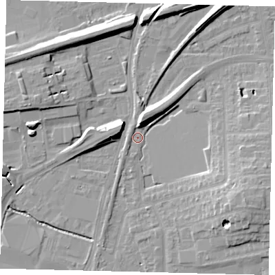 Shaded relief map of the ground around SW209LL, computed from Environment Agency LiDAR. The ground here sits at about 14 m above sea level and falls 12 m across the surrounding 800 m. Surface water reaching this point runs off ground lying to the east-south-east, 10.3 m higher.