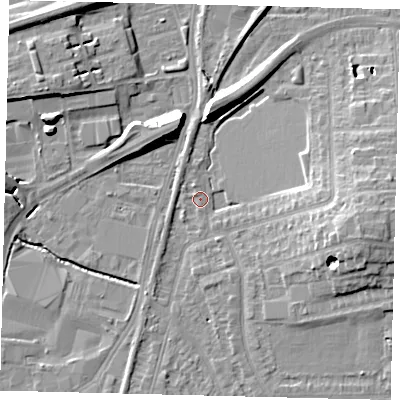 Shaded relief map of the ground around SW209LN, computed from Environment Agency LiDAR. The ground here sits at about 14 m above sea level and falls 12 m across the surrounding 800 m. Surface water reaching this point runs off ground lying to the east-south-east, 10.4 m higher.