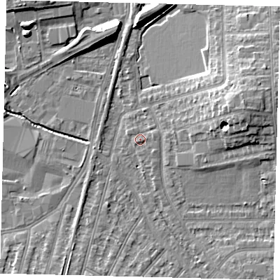 Shaded relief map of the ground around SW209LP, computed from Environment Agency LiDAR. The ground here sits at about 15 m above sea level and falls 12 m across the surrounding 800 m. Surface water reaching this point runs off ground lying to the east-north-east, 1.0 m higher.